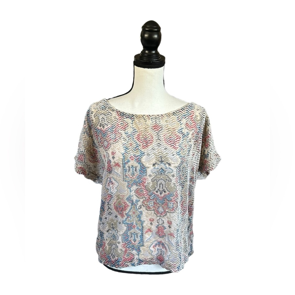 Ecote Velvet Burnout Top Sheer Neutral Floral Short Sleeve Boxy Zipper Detail M